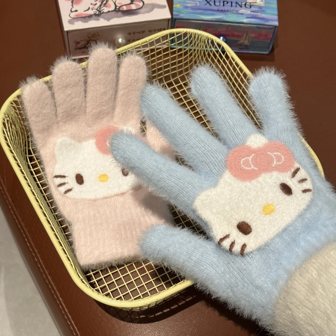 可爱Kitty 骑行五指手套女冬季少女心电动车女生冬天保暖防寒防风