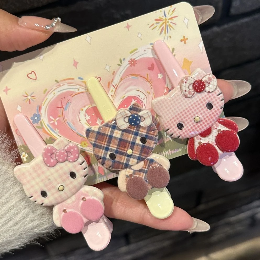 可爱格纹KT猫发夹网红少女心侧边鸭嘴夹甜妹ins风百搭刘海夹发卡