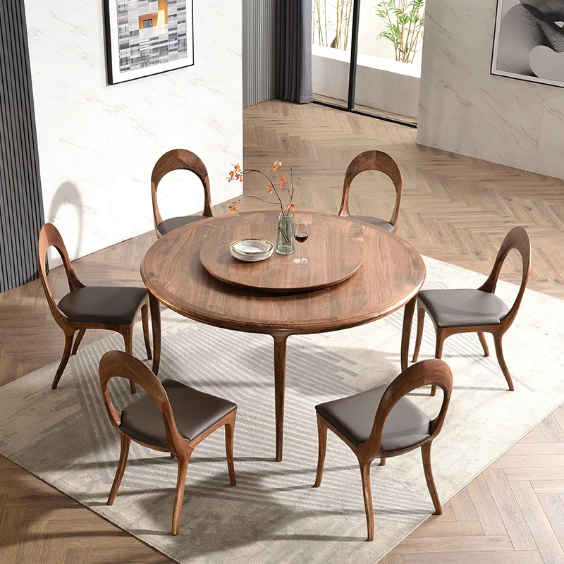 致典北欧实木餐桌意式轻奢圆桌现代简约北美黑胡桃木圆餐桌椅组合
