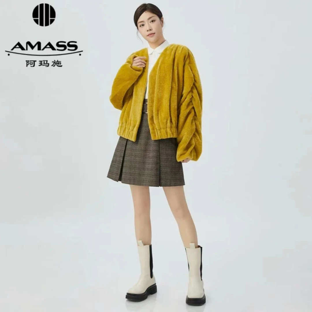 AMASS/阿玛施秋冬保暖时尚减龄休闲宽松褶皱长袖毛绒外套5400667