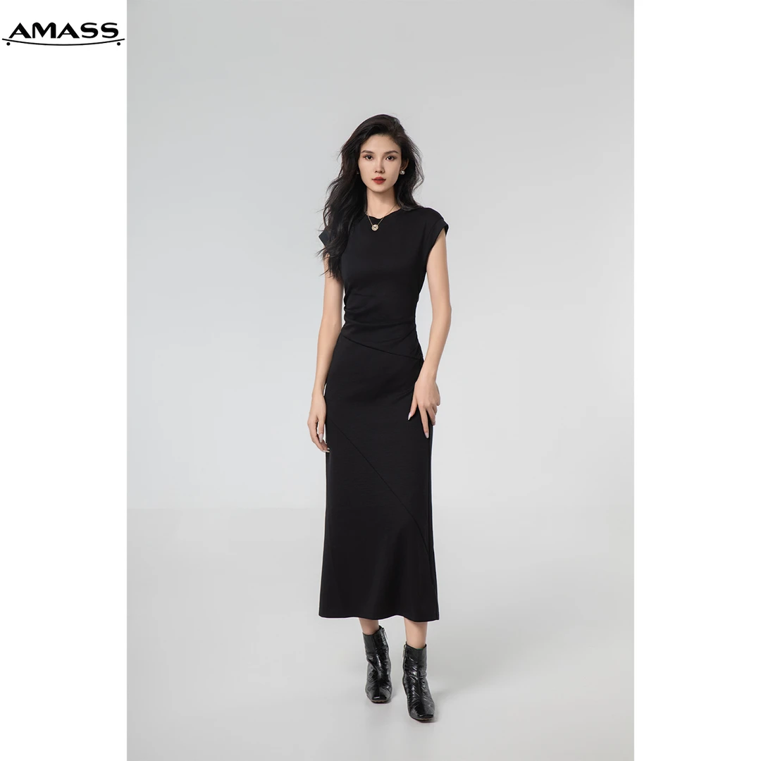 AMASS/阿玛施复古无袖显腰身显瘦连衣裙赫本风修身黑色 5500454