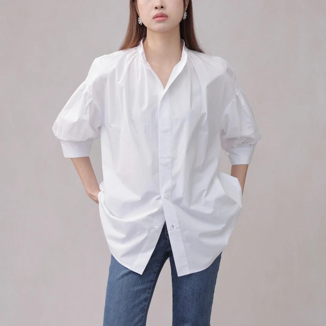 AMASS/阿玛施新款新中式小立领短袖小众廓形衬衫5301060