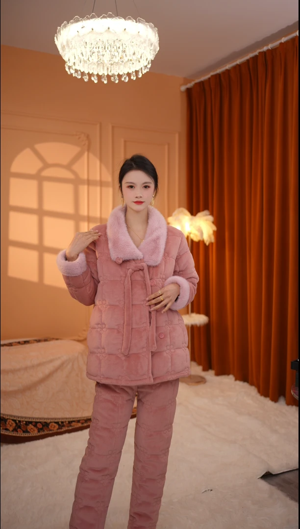 保暖长袖睡衣桃子夭夭2024新款女士家居服长袖睡衣女冬季加厚保暖