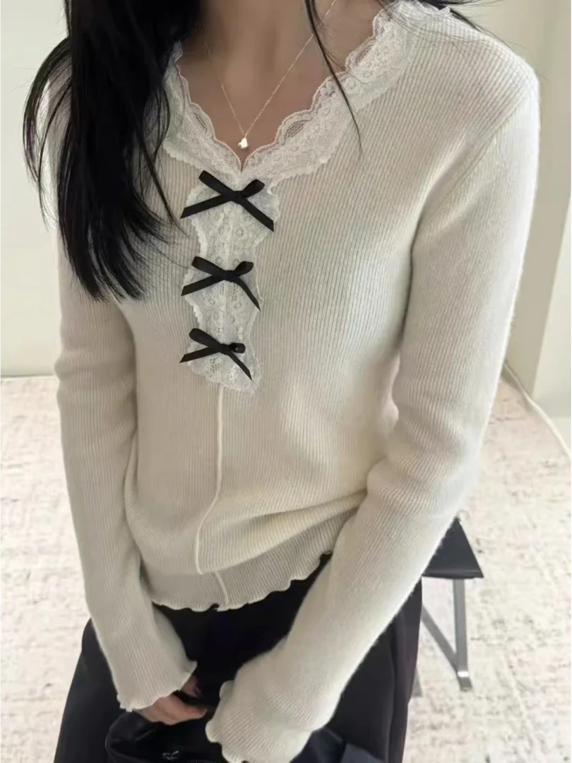 11041秋冬新款蝴蝶结蕾丝花边V领针织衫时尚设计感毛衣女生针织衫
