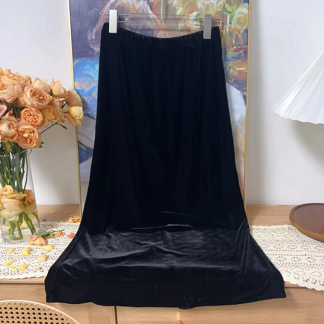 17211新款百搭气质中长款松紧腰丝绒半身裙