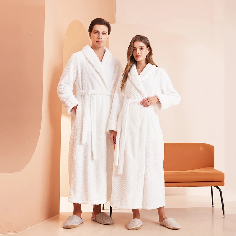 秋冬季情侣浴袍男睡衣睡袍加厚白色长款法兰绒女珊瑚绒收腰款长袍