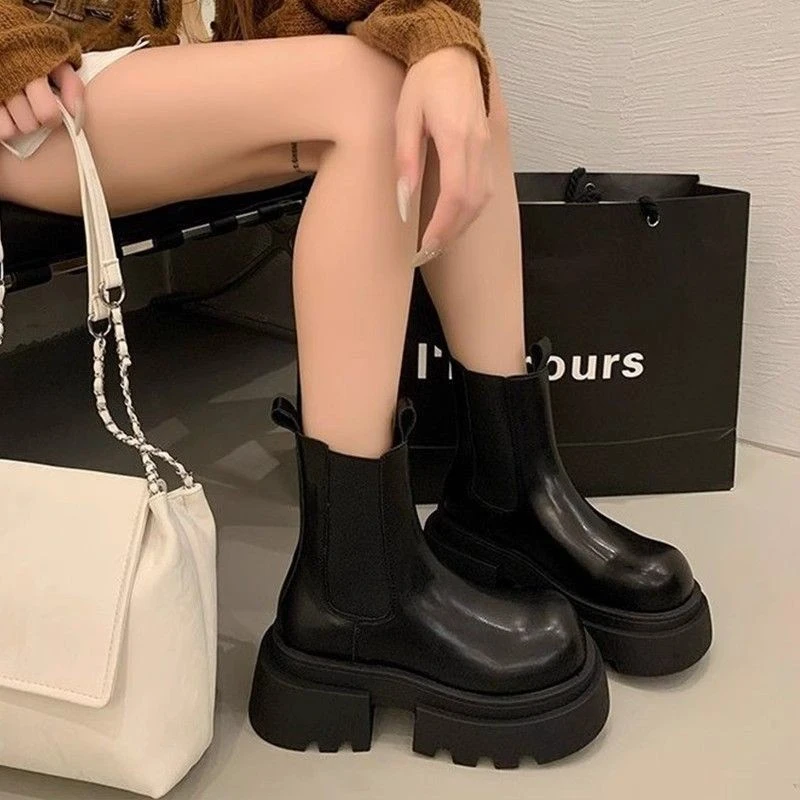 增高厚底马丁靴女2025秋冬新款小个子英伦风烟筒靴加绒切尔西短靴