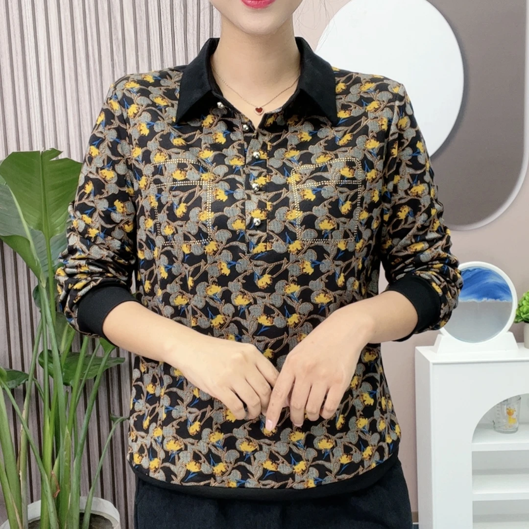 2025秋季新款洋气方领碎花高温烫钻小衫高档早秋妈妈装长袖上衣