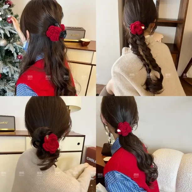 送你一朵小红花！秋冬红色毛线玫瑰花朵发夹女后脑勺抓夹发圈横夹
