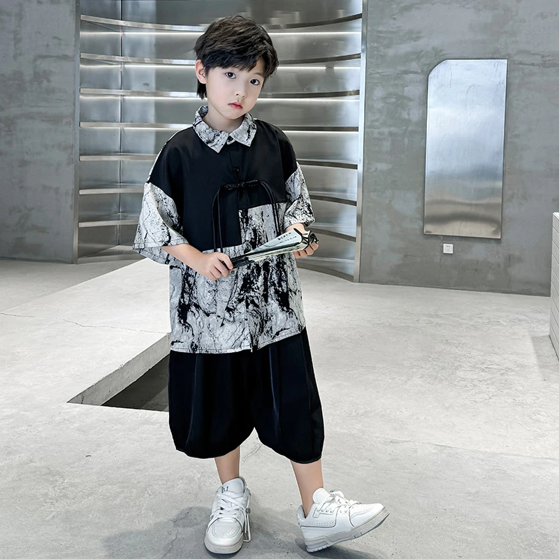男童夏装短袖衬衫套装2024新款夏季中大儿童痞帅男孩中国风时髦潮