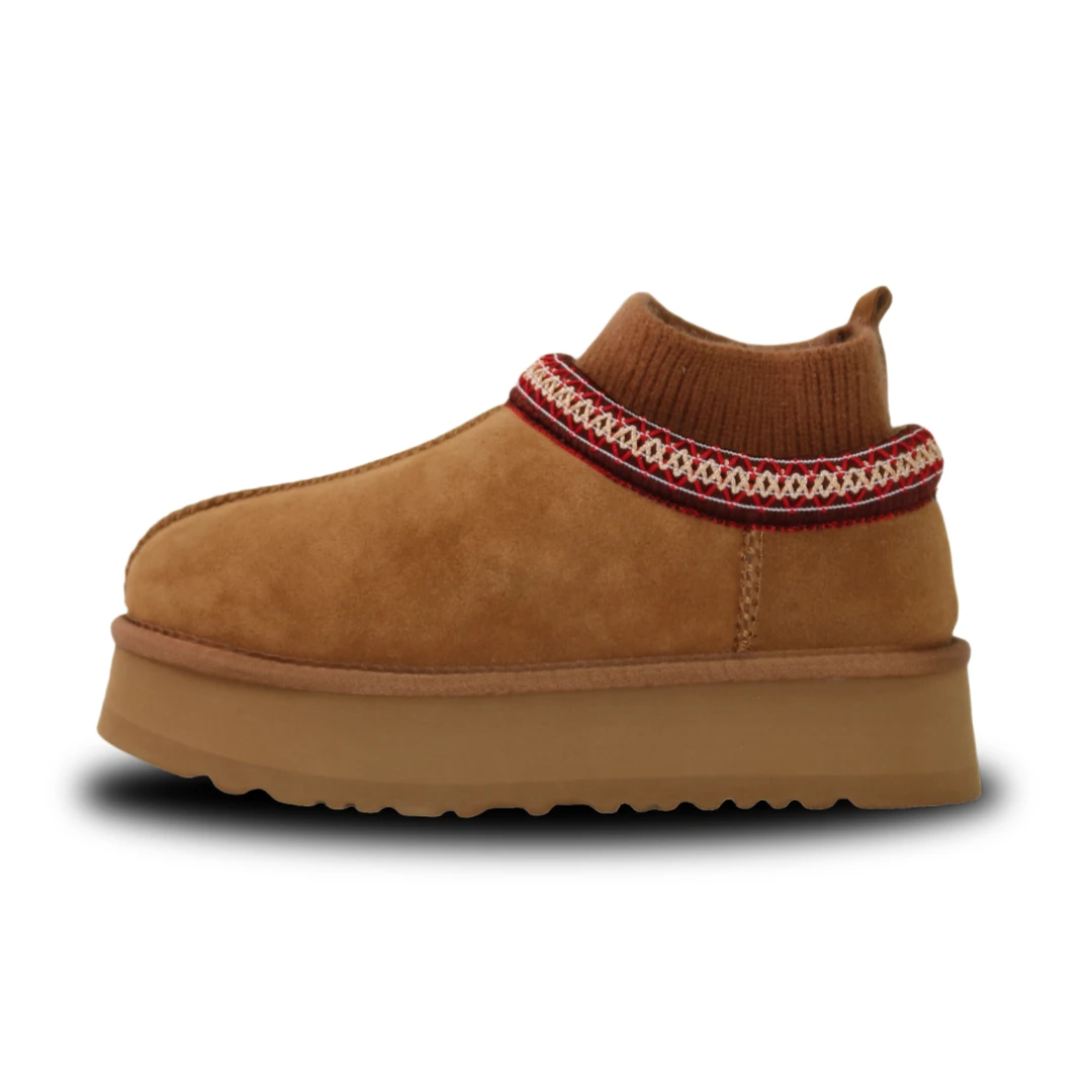 厚底民族风毛线口雪地靴女2024冬季舒适加绒保暖短筒时尚低帮棉鞋