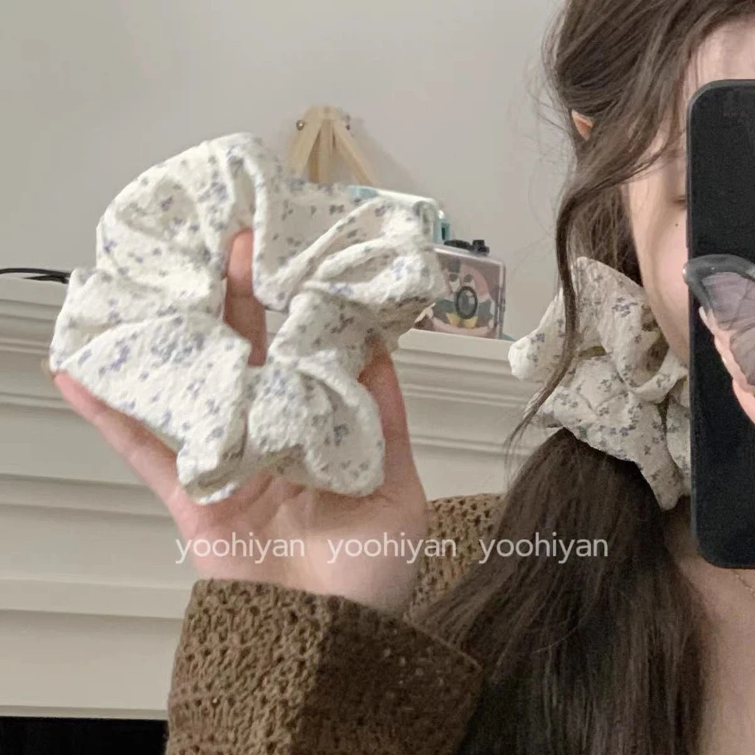 韩系温柔蓝色碎花大肠发圈女高级感大号丸子头花朵发绳头绳发饰女