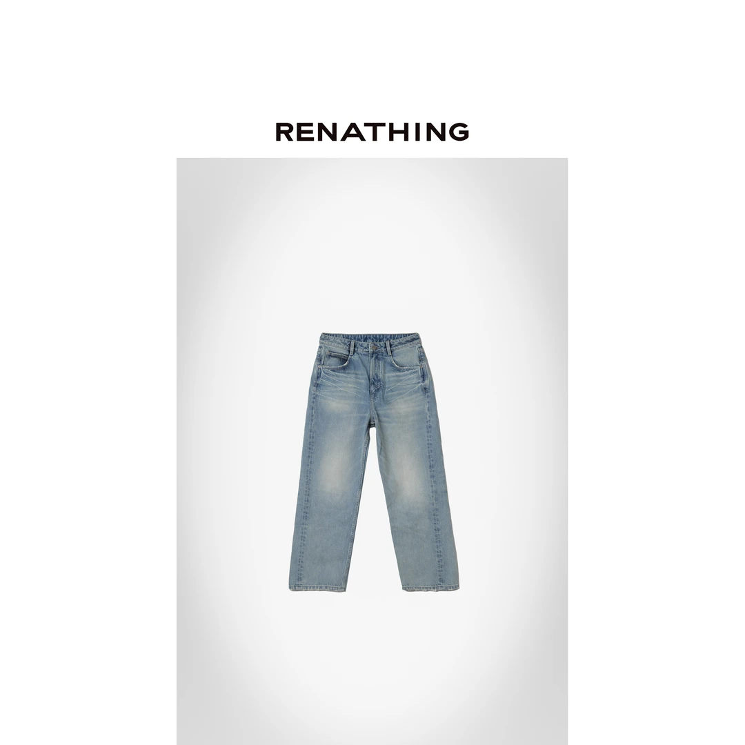 【RENATHING】直筒毛边磨损牛仔裤