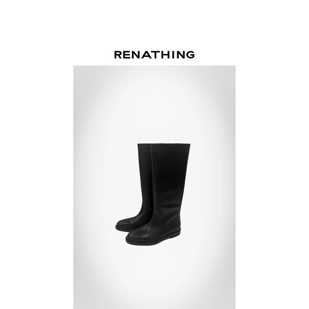【RENATHING】黑色皮革及膝长筒靴