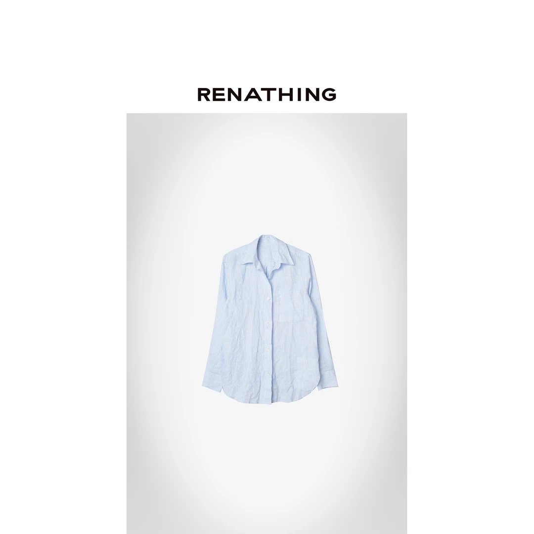 【RENATHING】浅蓝色条纹纽扣式长袖衬衫