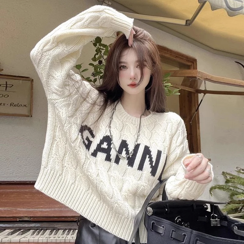 大码韩版慵懒风遮肚子长袖打底衫春秋胖妹妹显瘦百搭字母针织上衣