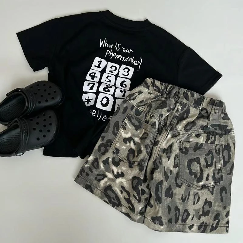童装套装男童2025新款夏季韩版洋气印花黑色上衣豹纹短裤两件套
