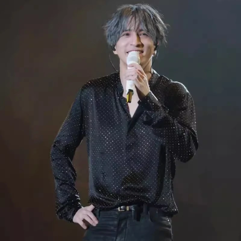 薛之谦明星同款闪闪烫钻衬衫演出服衬衣男士韩版痞帅宽松外套上衣