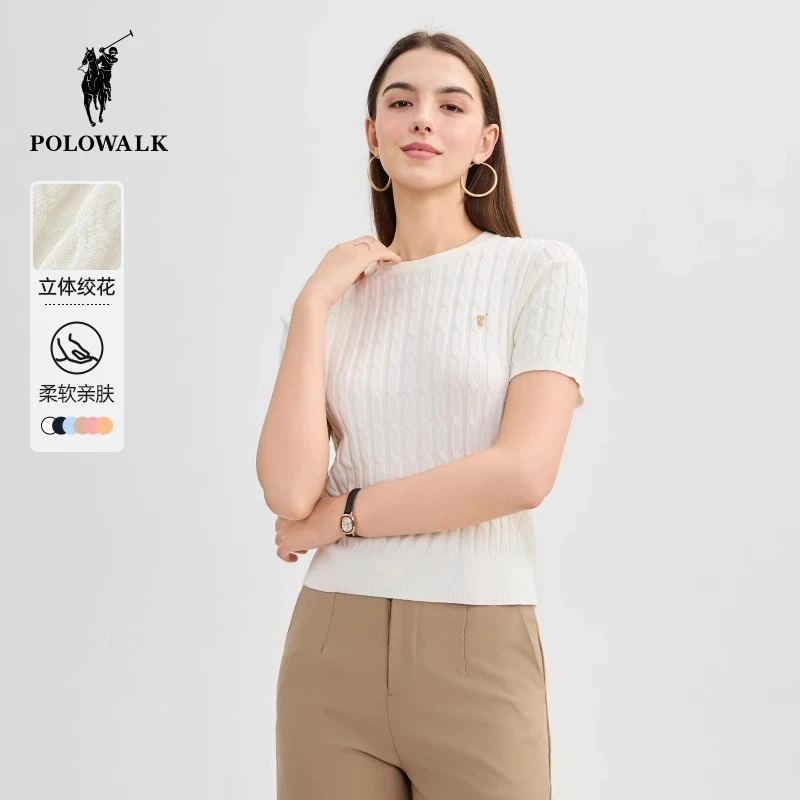 POLOWALK女式夏季短袖针织衫套头修身显瘦短袖上衣女AM8W4158106