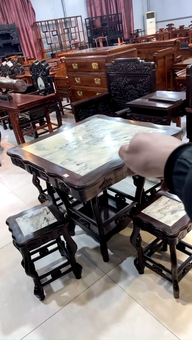 【闪购商品】木头檀木云石方桌五件套
