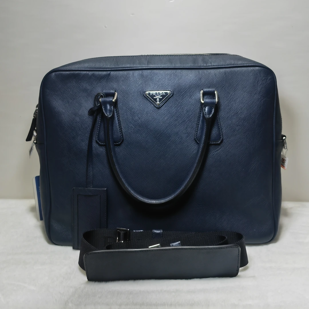 95新 Prada/普拉达 /0810/男士深蓝色全皮手提公文包/中号/单肩/