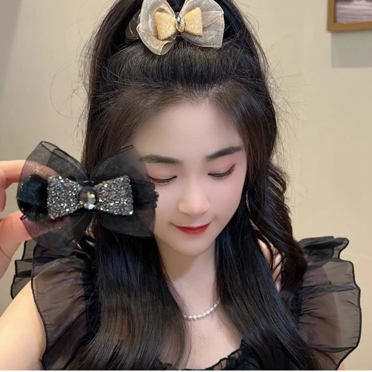 甜美双面网纱蝴蝶结发夹丸子头抓夹2024年新款鲨鱼夹子发卡头饰女