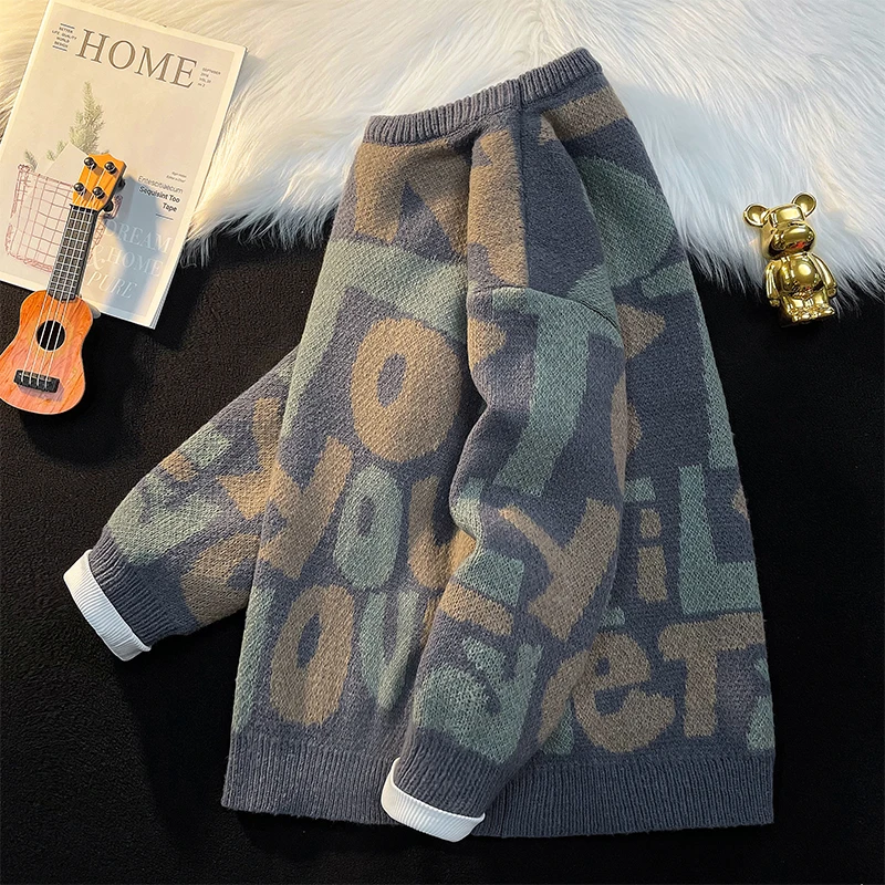 秋冬季新款毛衣男宽松保暖潮牌个性情侣慵懒风潮流复古圆领针织衫