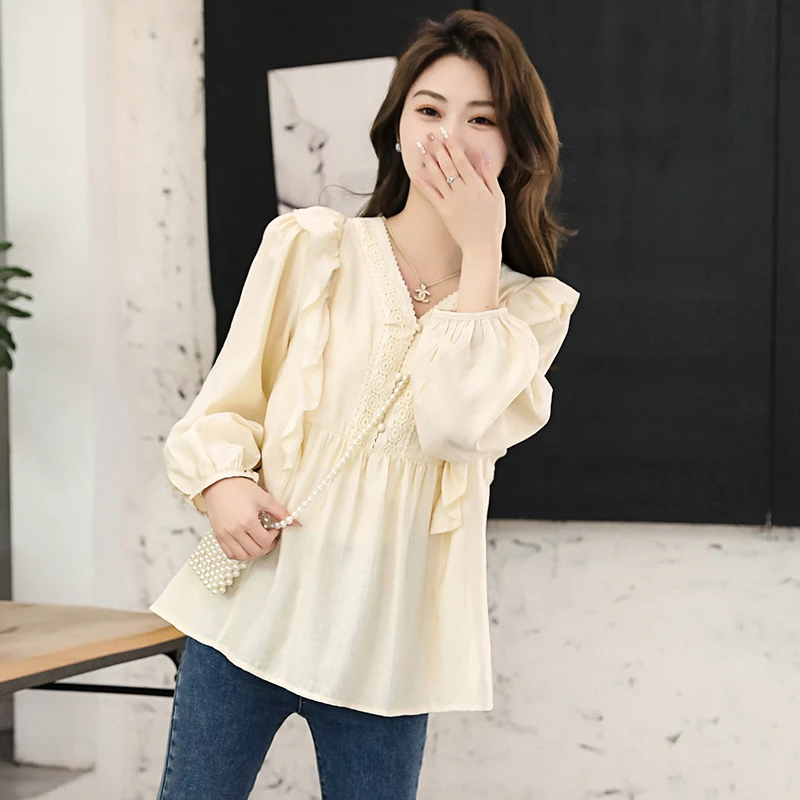 春秋衬衣孕妇装新款长袖衬衫拼接娃娃衫时尚潮妈孕妇上衣