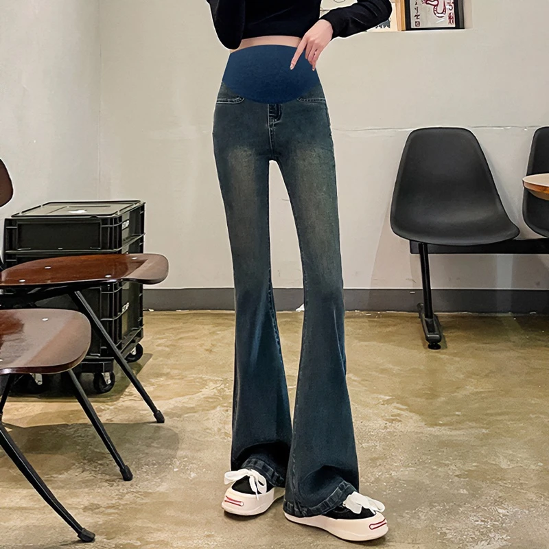 孕妇高腰牛仔裤春秋可调节高弹托腹喇叭裤外穿弹力时尚孕妇牛仔裤