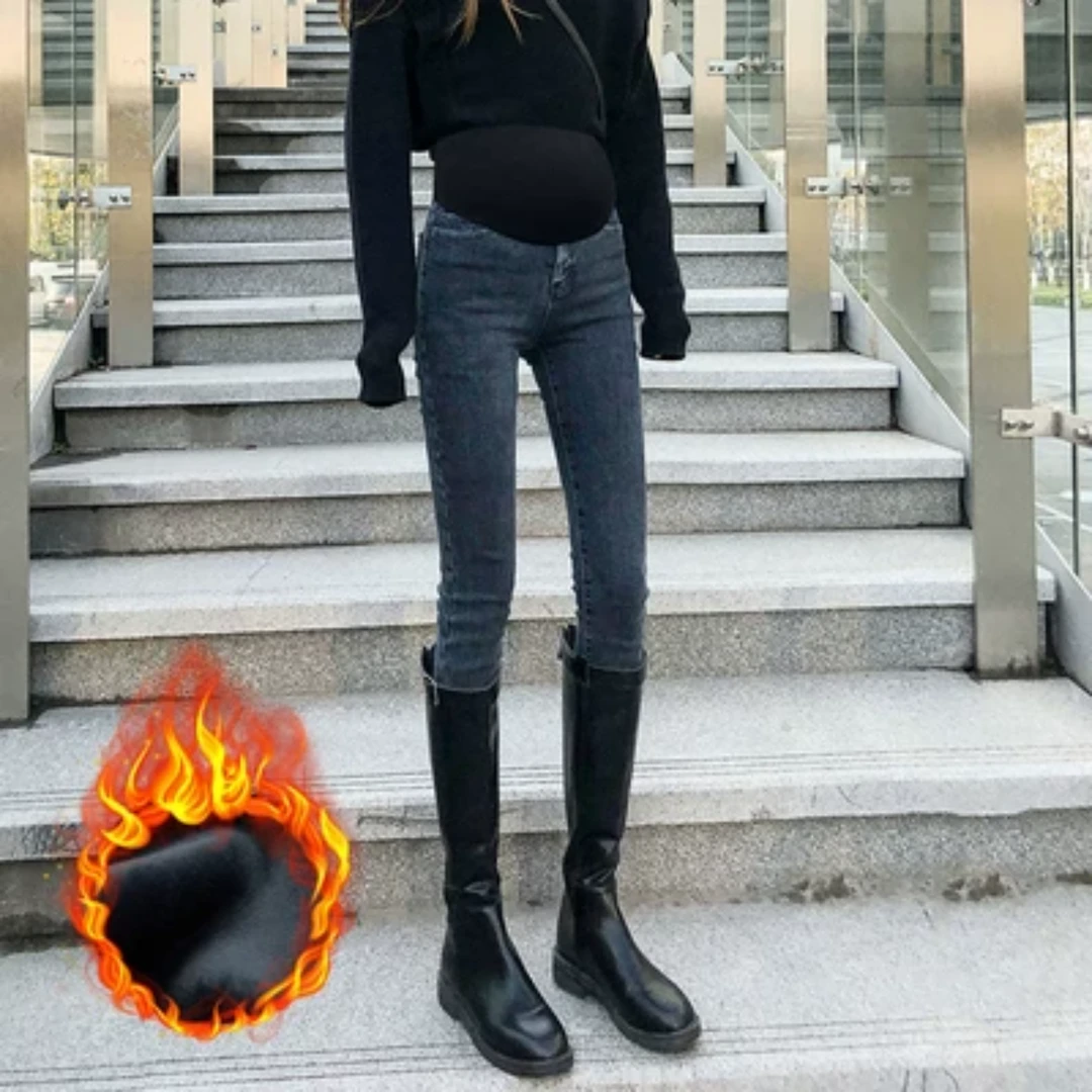 秋冬加绒孕妇裤高弹力牛仔裤外穿保暖牛仔小脚裤铅笔裤托腹长裤