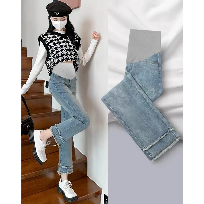 孕妇裤子春秋时尚外穿牛仔裤修身直筒裤九分小个子显瘦孕妇牛仔裤