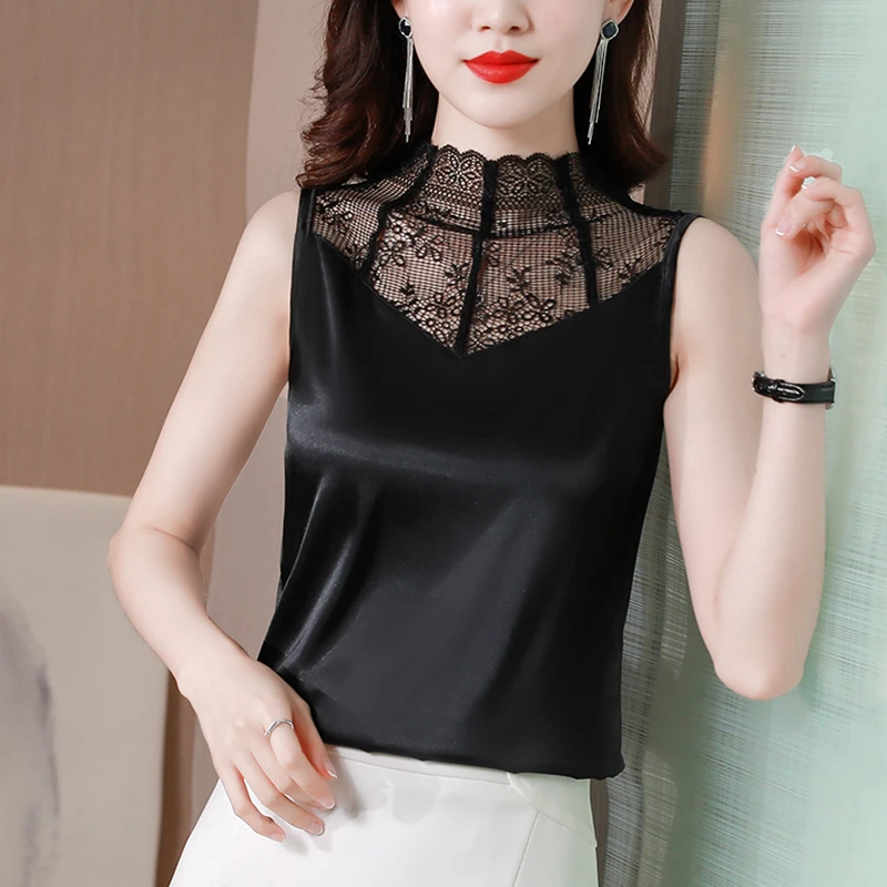 大码缎面蕾丝内搭吊带背心女夏外穿2023新款无袖西装黑色女士上衣