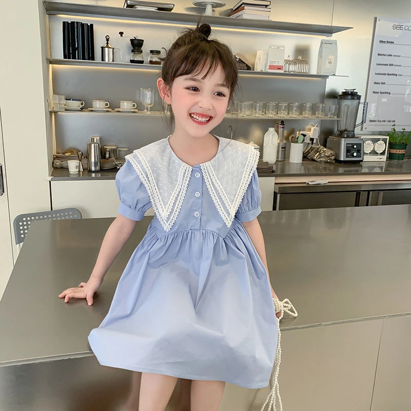 女童连衣裙夏季学院风短袖新款宝宝洋气蕾丝翻领儿童夏装泡泡袖裙