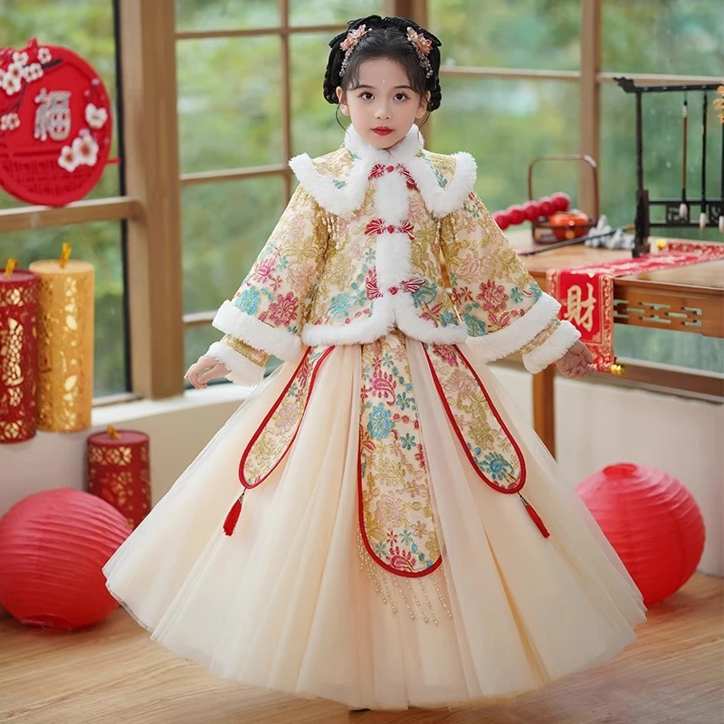 儿童中国风唐装冬女童超仙汉服2023新款过年拜年服小女孩加厚裙