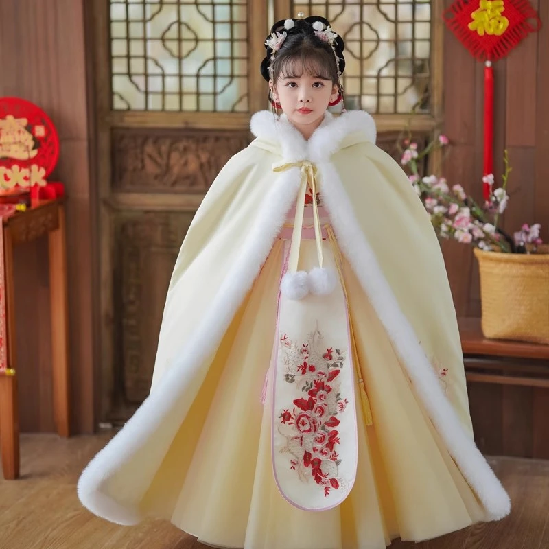 女童汉服冬2023新款儿童超仙拜年服小女孩加绒连衣裙宝宝过年公主
