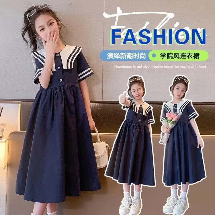 女童夏装学院风连衣裙2025新款网红女孩短袖公主裙儿童装洋气裙子