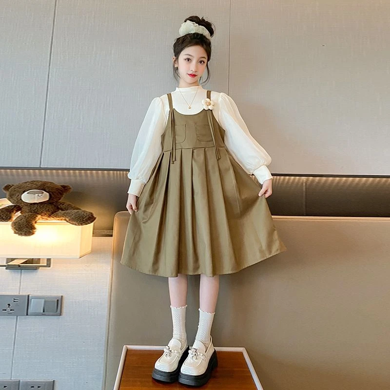 女童秋装背带连衣裙2025新款儿童秋季女孩公主中大童长袖假两件