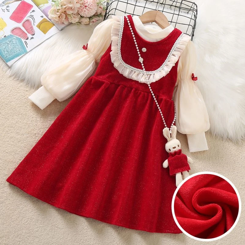 女童连衣裙秋冬过年衣服洋气儿童套装裙子红色新年装拜年服公主裙