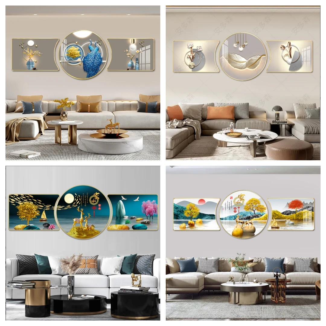 新珠联璧合客厅装饰画晶瓷水晶新中式挂画现代简约壁画圆形客厅画