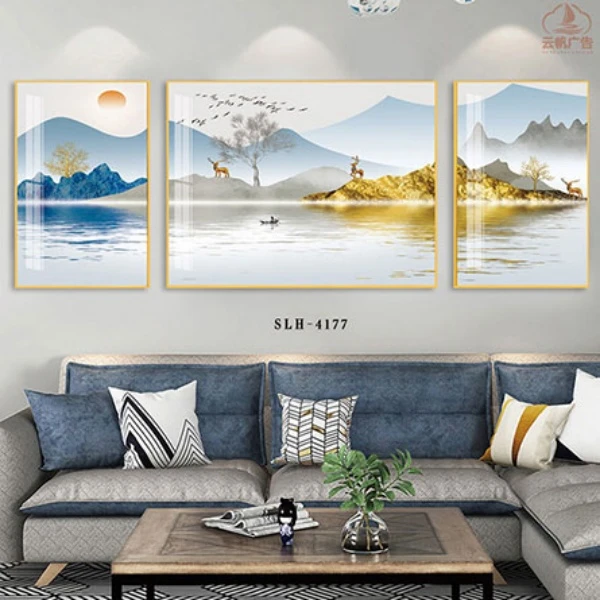 现代三联轻奢山水装饰画沙发客厅三联画壁画简约背景墙中式挂画