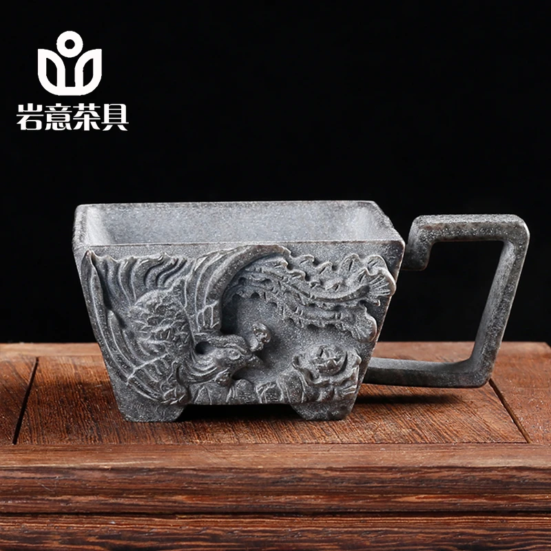 岩意茶具安化冰碛岩龙雕刻主人杯防烫四方手柄凤杯纯手工家用茶杯