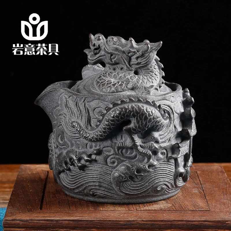 岩意茶具安化天然冰碛岩石头家用茶壶纯手工鲤鱼跃龙门宝瓶手抓壶