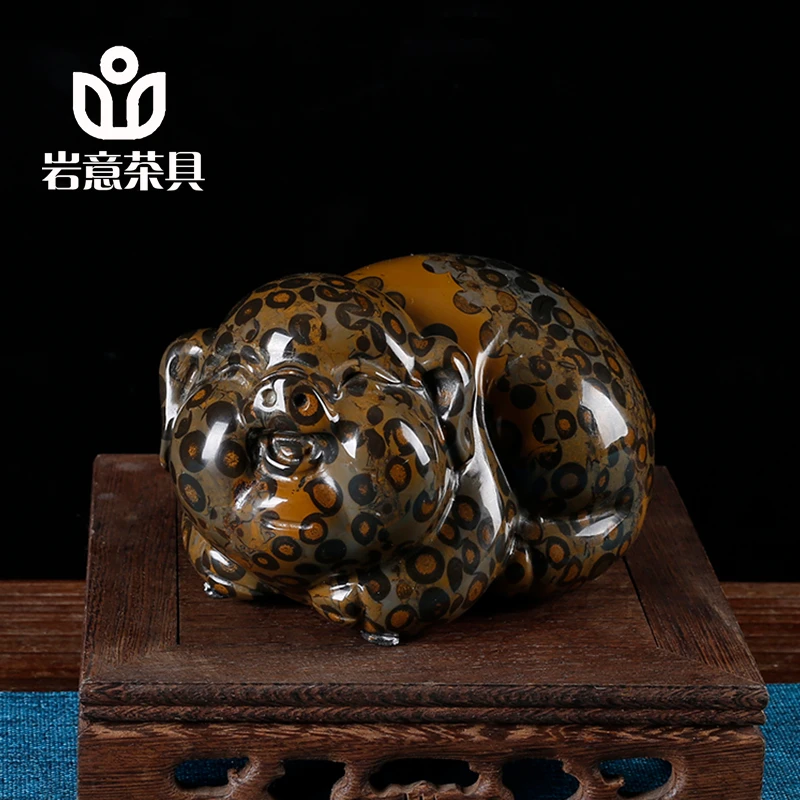 岩意茶具金钱石头纯手工变色茶金猪钱豹宠款家用办公摆件可养茶玩