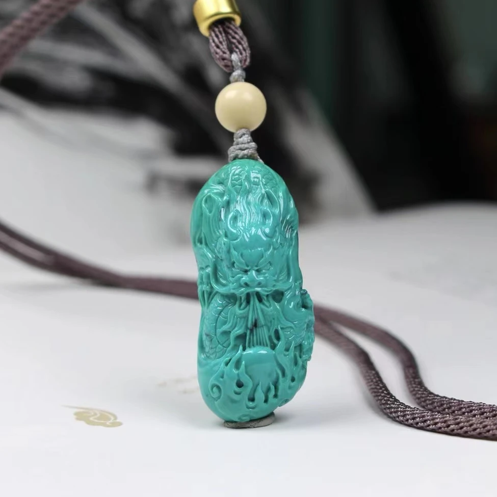 40.5+绿松石苍龙吊坠颈饰原矿瓷釉级玉化蓝绿料精工雕刻国风单品