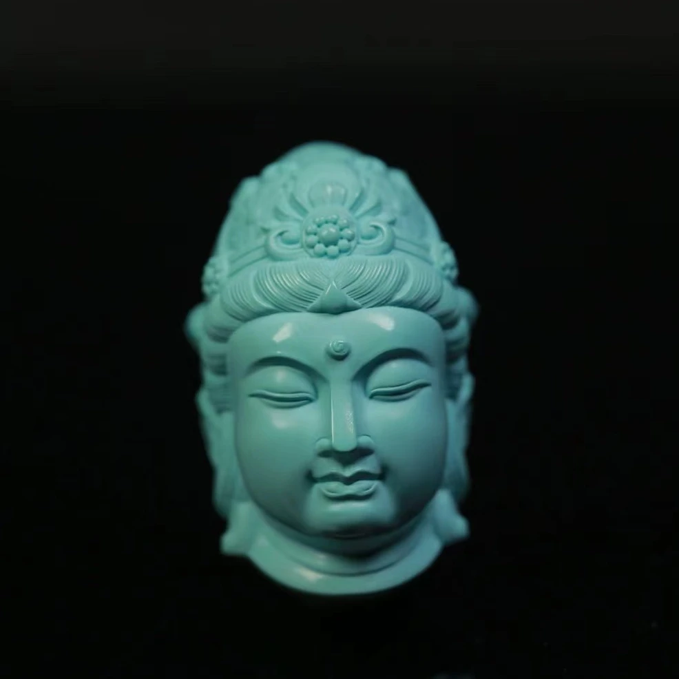 34+绿松石观音佛首吊坠手把件原矿喇叭山高瓷蓝绿料名家精雕