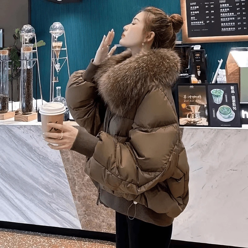 白鸭绒！美拉德大毛领短款拼接加厚羽绒服