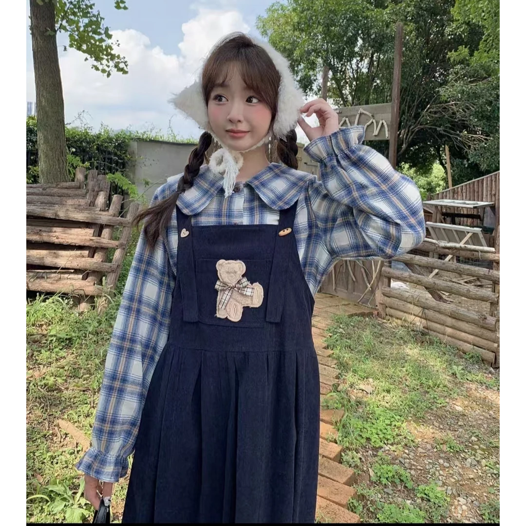 学院风格子衬衫甜美背带裙娃娃领衬衣收腰连衣裙两件套