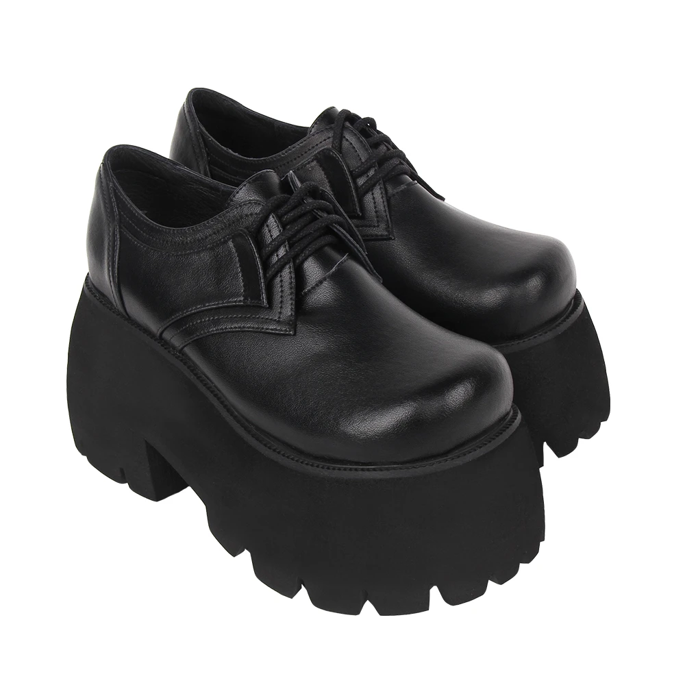 真皮版 梅花底10CM2023新品圆头朋克风格系带厚底松糕底女鞋9638