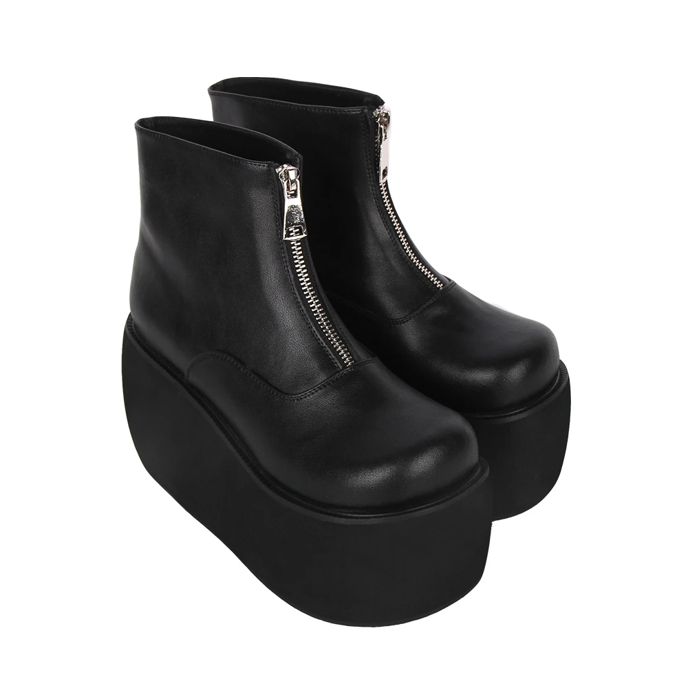 真皮版 2024早秋新品Lolita PUNK靴圆头拉链厚底松糕短靴Q001