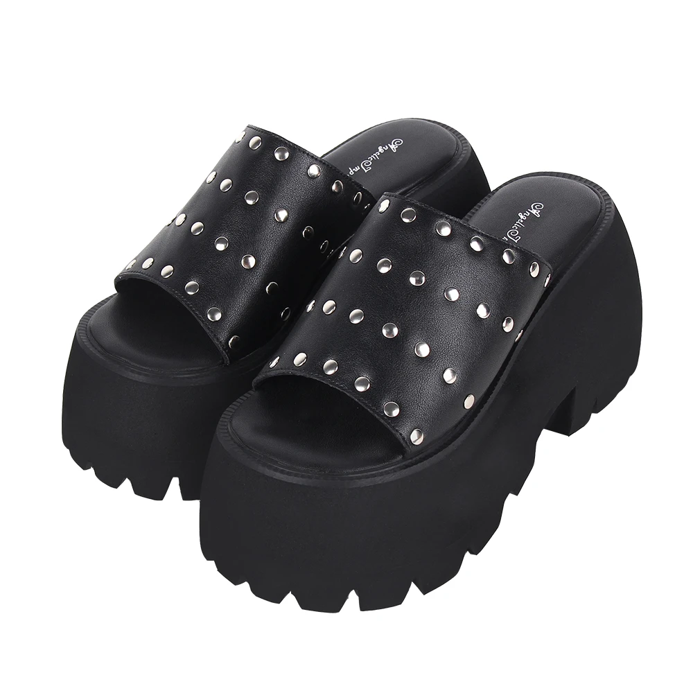 牛皮版   2024新品朋克凉拖露趾梅花底厚底松糕朋克拖鞋L060